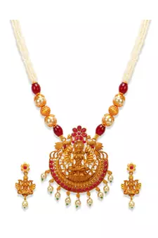 Gold Plated Maa Laxmi Stone Studded Necklace With Earrrings For Women And Girls