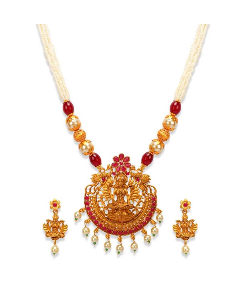 Gold Plated Maa Laxmi Stone Studded Necklace With Earrrings For Women And Girls