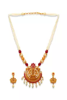 Gold Plated Maa Laxmi Stone Studded Necklace With Earrrings For Women And Girls