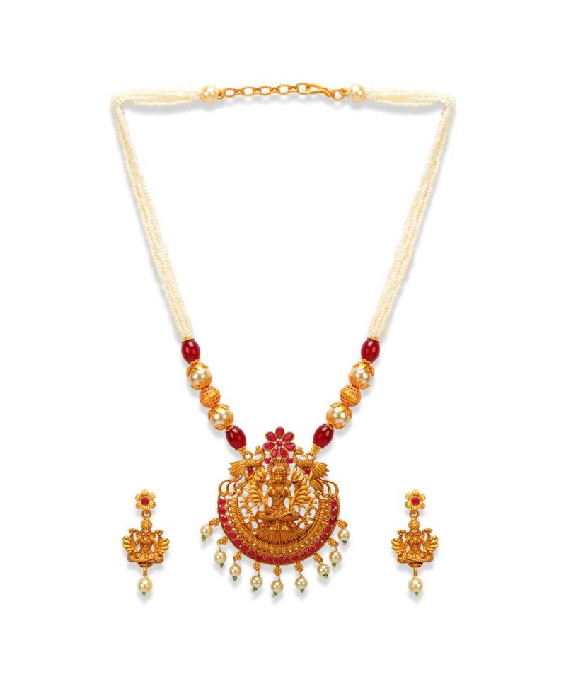 Gold Plated Maa Laxmi Stone Studded Necklace With Earrrings For Women And Girls