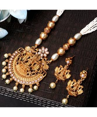 Gold Plated Maa Laxmi Stone Studded Necklace With Earrrings For Women And Girls 1