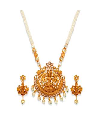 Gold Plated Maa Laxmi Stone Studded Necklace With Earrrings For Women And Girls 2