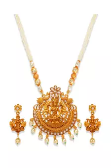 Gold Plated Maa Laxmi Stone Studded Necklace With Earrrings For Women And Girls