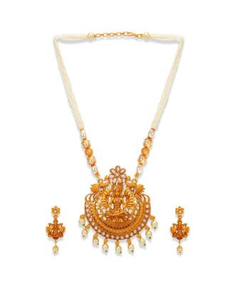 Gold Plated Maa Laxmi Stone Studded Necklace With Earrrings For Women And Girls 3