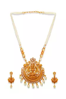 Gold Plated Maa Laxmi Stone Studded Necklace With Earrrings For Women And Girls