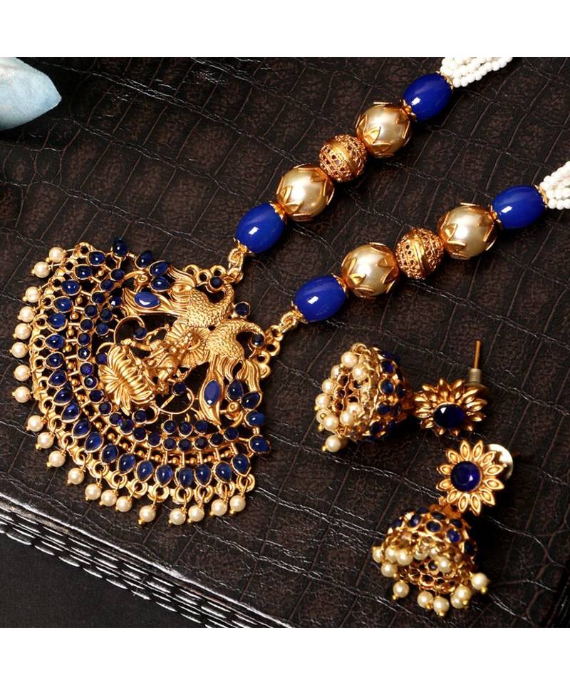 Gold Plated Maa Laxmi Stone Studded Necklace With Earrrings For Women And Girls