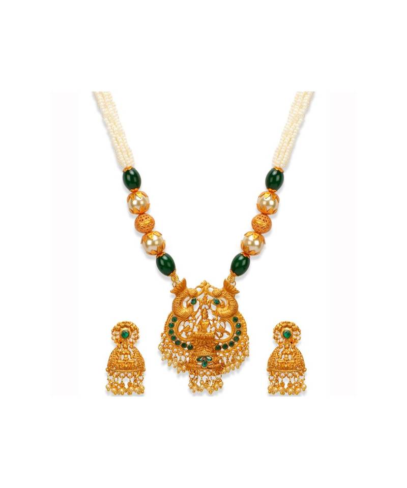 Gold Plated Maa Laxmi Stone Studded Necklace With Earrrings For Women And Girls