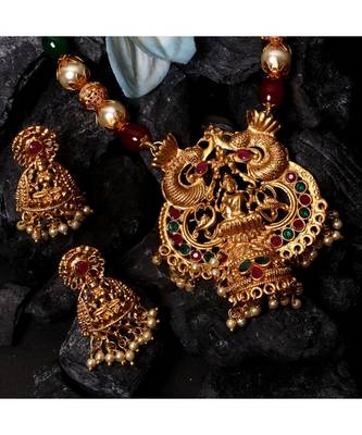 Gold Plated Maa Laxmi Stone Studded Necklace With Earrrings For Women And Girls 1
