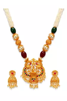 Gold Plated Maa Laxmi Stone Studded Necklace With Earrrings For Women And Girls