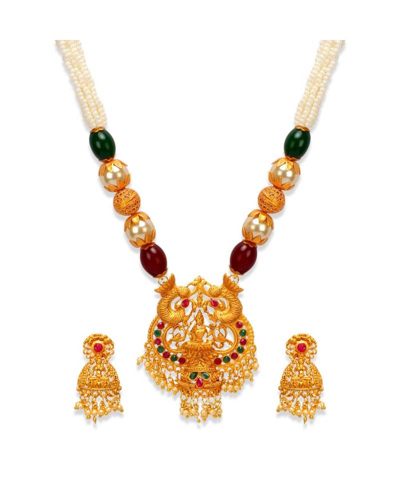 Gold Plated Maa Laxmi Stone Studded Necklace With Earrrings For Women And Girls
