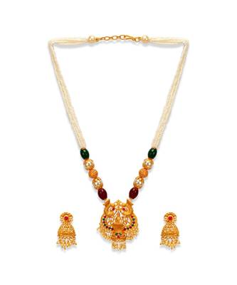 Gold Plated Maa Laxmi Stone Studded Necklace With Earrrings For Women And Girls 3
