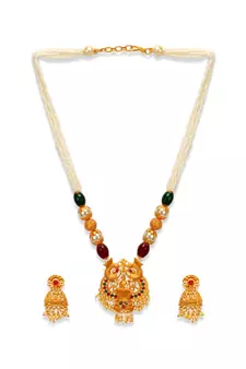 Gold Plated Maa Laxmi Stone Studded Necklace With Earrrings For Women And Girls