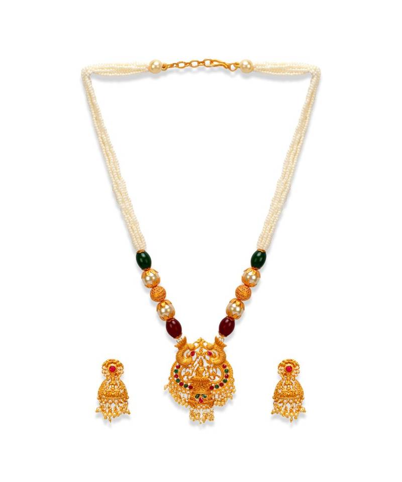 Gold Plated Maa Laxmi Stone Studded Necklace With Earrrings For Women And Girls