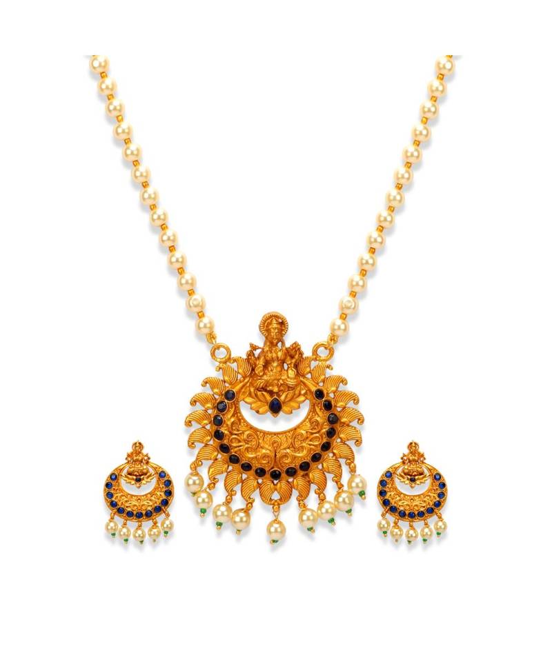 Gold Plated Maa Laxmi Stone Studded Necklace With Earrrings For Women And Girls