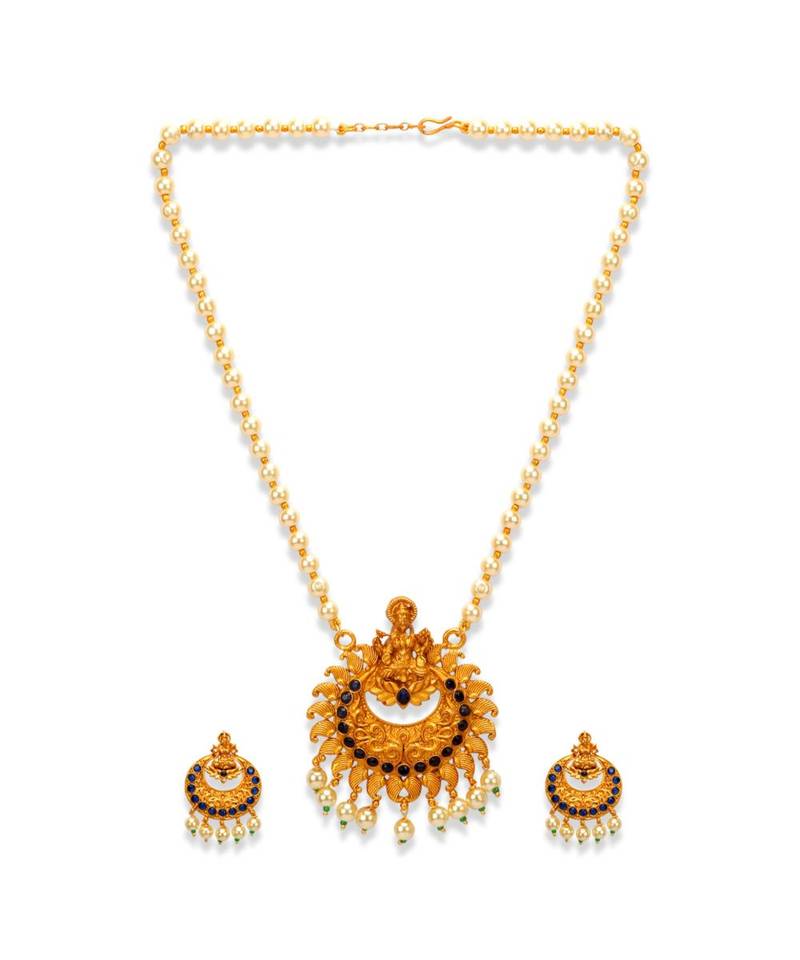 Gold Plated Maa Laxmi Stone Studded Necklace With Earrrings For Women And Girls