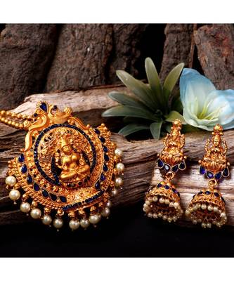 Antique Matte Gold Finish Goddess Laxmi Blue Stone Studded Temple Jewellery set 1