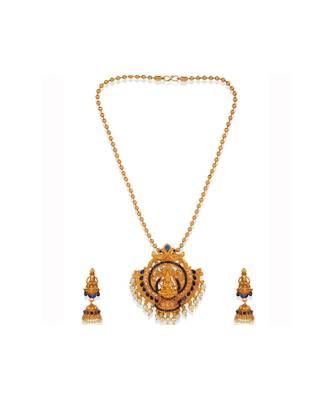 Antique Matte Gold Finish Goddess Laxmi Blue Stone Studded Temple Jewellery set 2
