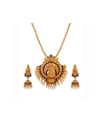 Antique Matte Gold Finish Goddess Laxmi Blue Stone Studded Temple Jewellery set 3