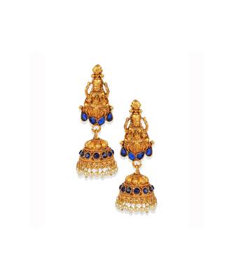 Antique Matte Gold Finish Goddess Laxmi Blue Stone Studded Temple Jewellery set 4