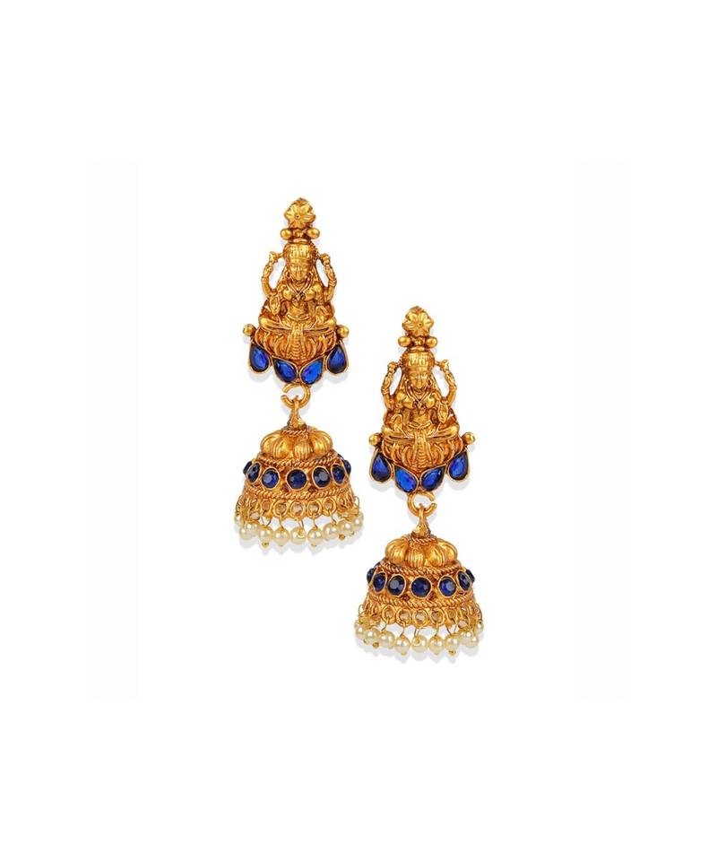 Antique Matte Gold Finish Goddess Laxmi Blue Stone Studded Temple Jewellery set