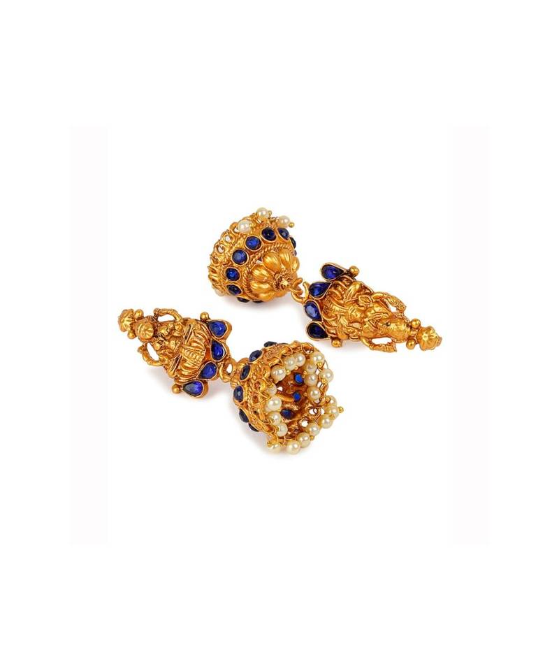 Antique Matte Gold Finish Goddess Laxmi Blue Stone Studded Temple Jewellery set