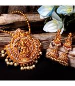 Antique Matte Gold Finish Goddess Laxmi White Stone Studded Temple Jewellery set
