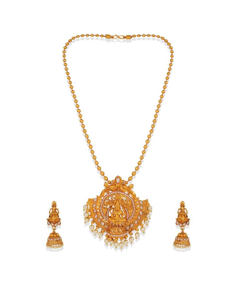 Antique Matte Gold Finish Goddess Laxmi White Stone Studded Temple Jewellery set