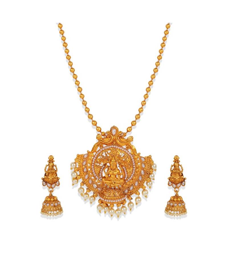 Antique Matte Gold Finish Goddess Laxmi White Stone Studded Temple Jewellery set
