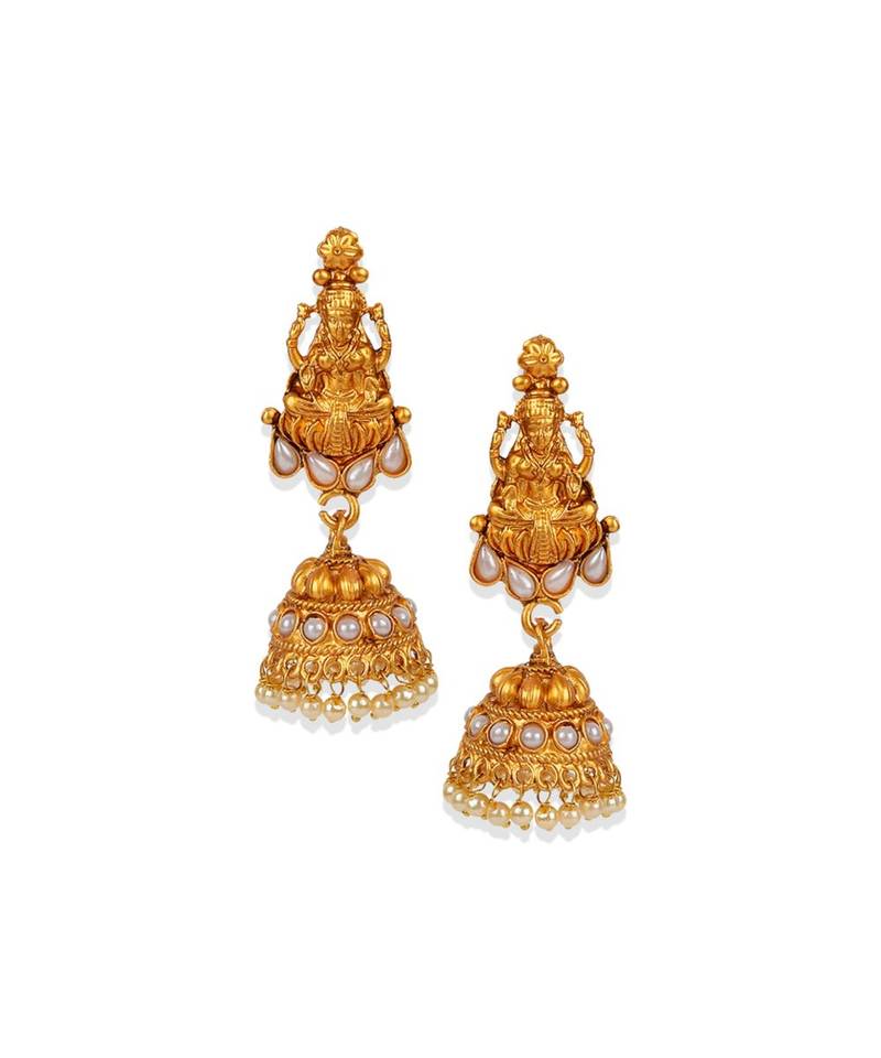 Antique Matte Gold Finish Goddess Laxmi White Stone Studded Temple Jewellery set