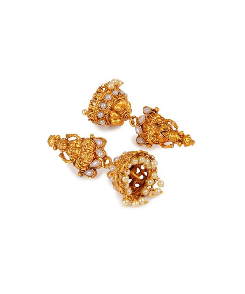 Antique Matte Gold Finish Goddess Laxmi White Stone Studded Temple Jewellery set