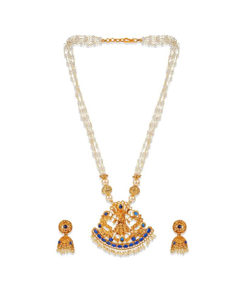Antique Matte Gold Finish Blue Stone Studded Temple Jewellery set
