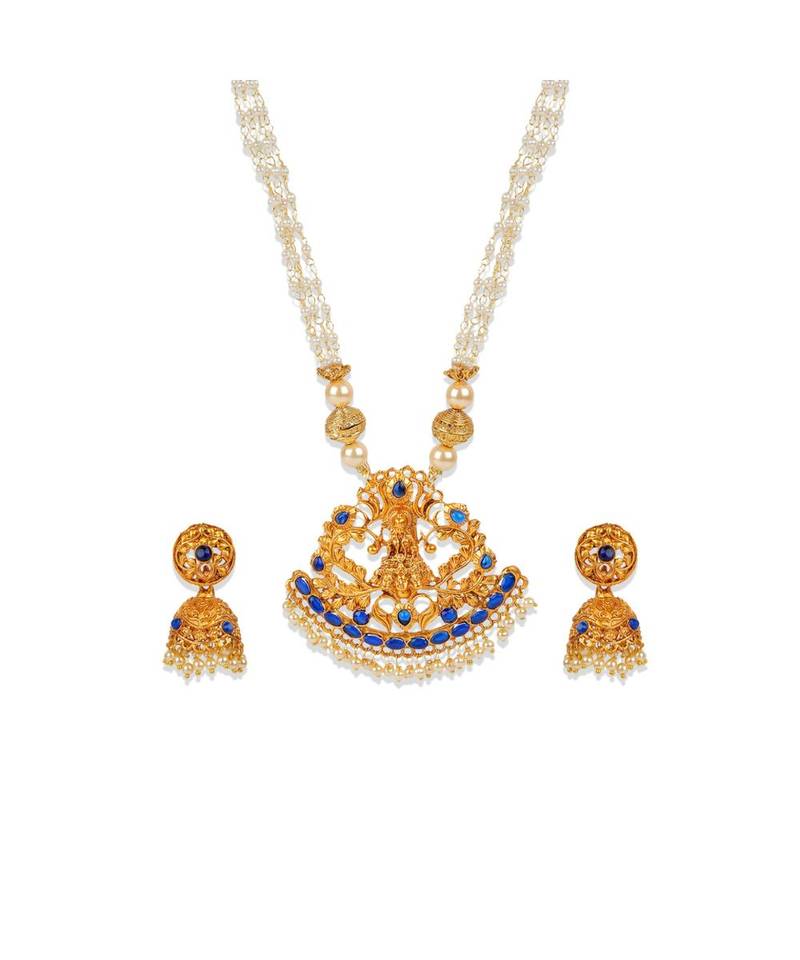 Antique Matte Gold Finish Blue Stone Studded Temple Jewellery set