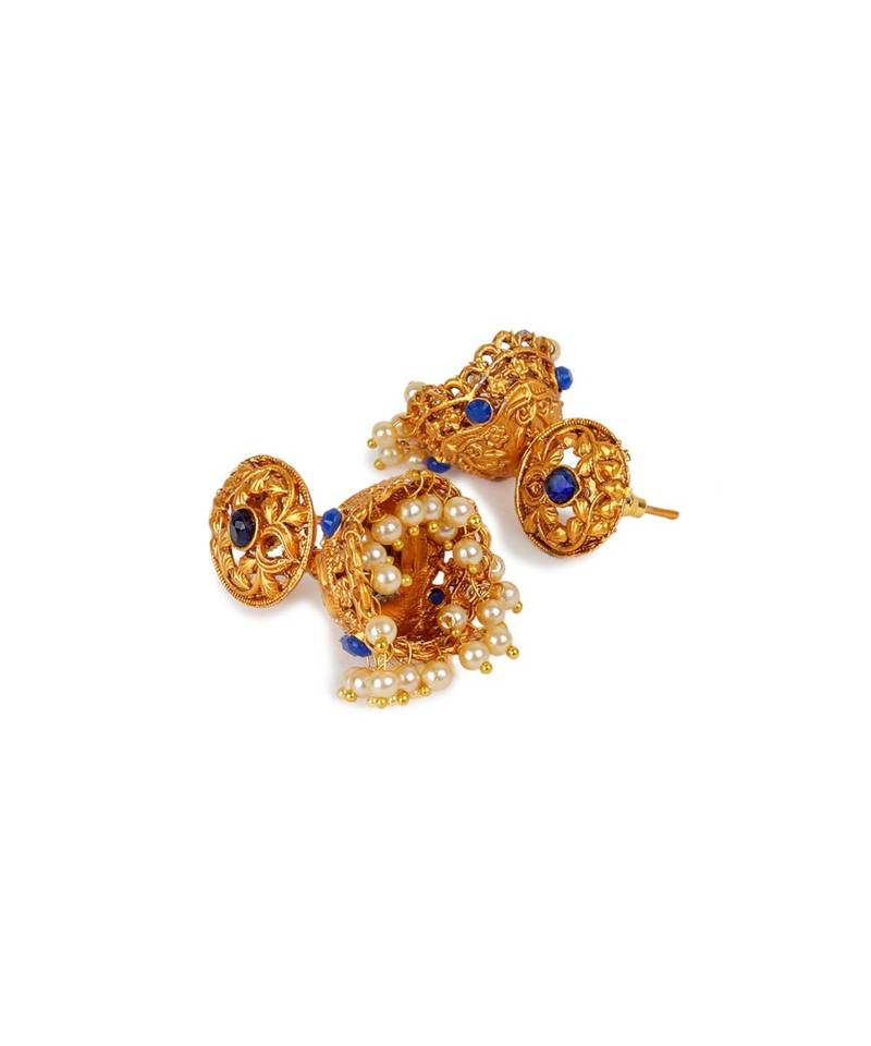 Antique Matte Gold Finish Blue Stone Studded Temple Jewellery set