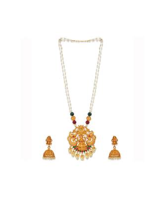 Antique Matte Gold Finish  Goddess Laxmi Green Stone Studded Temple Jewellery set 1