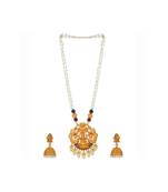 Antique Matte Gold Finish  Goddess Laxmi Green Stone Studded Temple Jewellery set