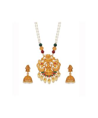 Antique Matte Gold Finish  Goddess Laxmi Green Stone Studded Temple Jewellery set 2