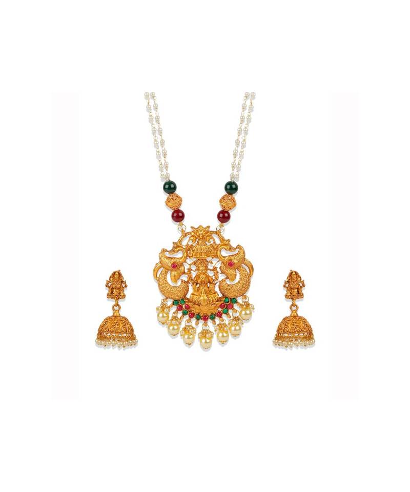 Antique Matte Gold Finish  Goddess Laxmi Green Stone Studded Temple Jewellery set