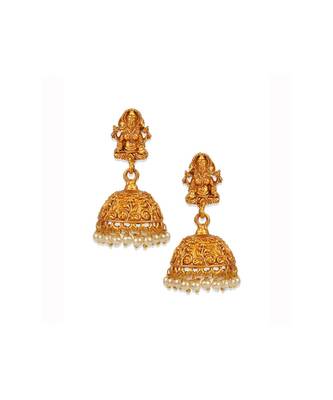 Antique Matte Gold Finish  Goddess Laxmi Green Stone Studded Temple Jewellery set 3