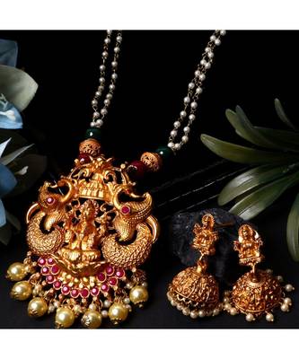 Antique Matte Gold Finish Goddess Laxmi Maroon Stone Studded Temple Jewellery set 1
