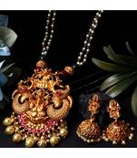 Antique Matte Gold Finish Goddess Laxmi Maroon Stone Studded Temple Jewellery set