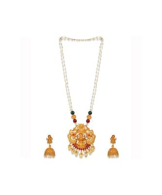 Antique Matte Gold Finish Goddess Laxmi Maroon Stone Studded Temple Jewellery set 2