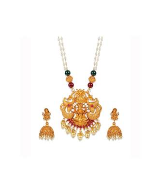 Antique Matte Gold Finish Goddess Laxmi Maroon Stone Studded Temple Jewellery set 3