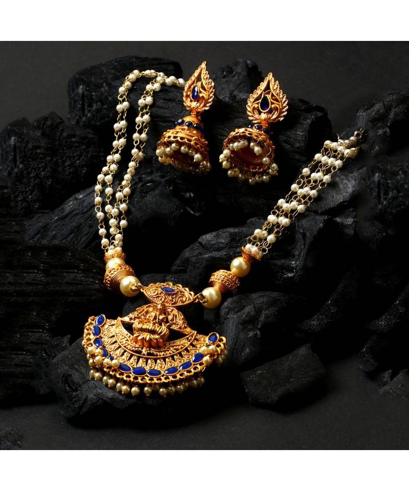 Antique Matte Gold Finish Goddess Laxmi Blue Stone Studded Temple Jewellery set