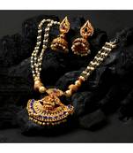 Antique Matte Gold Finish Goddess Laxmi Blue Stone Studded Temple Jewellery set