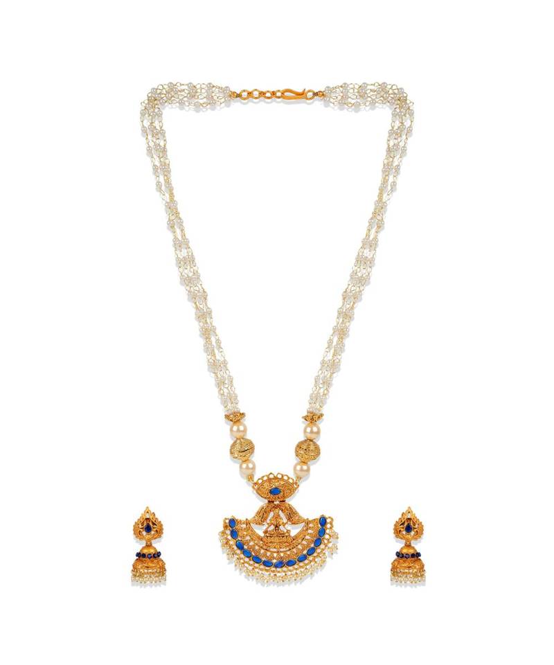 Antique Matte Gold Finish Goddess Laxmi Blue Stone Studded Temple Jewellery set