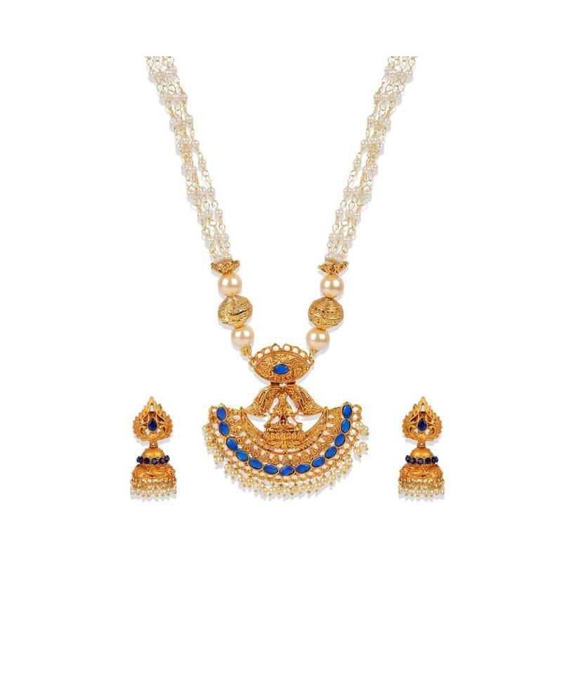 Antique Matte Gold Finish Goddess Laxmi Blue Stone Studded Temple Jewellery set