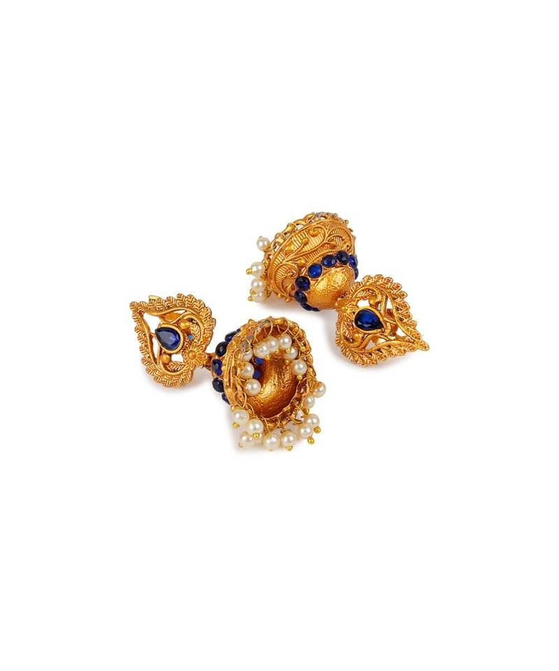 Antique Matte Gold Finish Goddess Laxmi Blue Stone Studded Temple Jewellery set