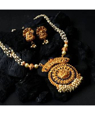 Antique Matte Gold Finish Goddess Laxmi Blue Stone Studded Temple Jewellery set 1