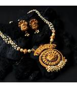 Antique Matte Gold Finish Goddess Laxmi Blue Stone Studded Temple Jewellery set