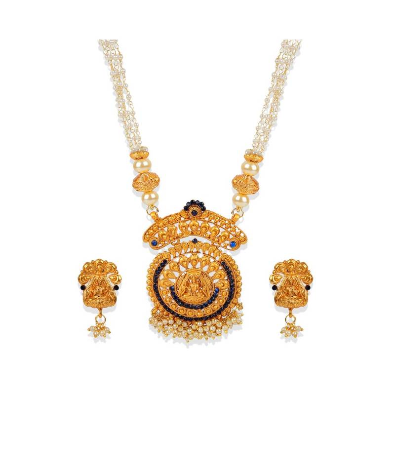 Antique Matte Gold Finish Goddess Laxmi Blue Stone Studded Temple Jewellery set